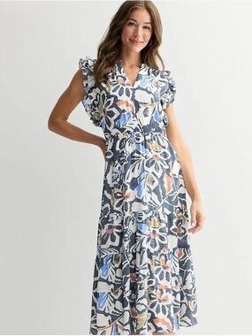 Floral Tiered Midi Dress in Blue and White